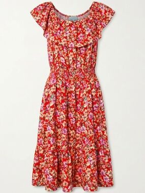 Red Floral Midi Dress with Smocked Waist and Ruffle Yoke